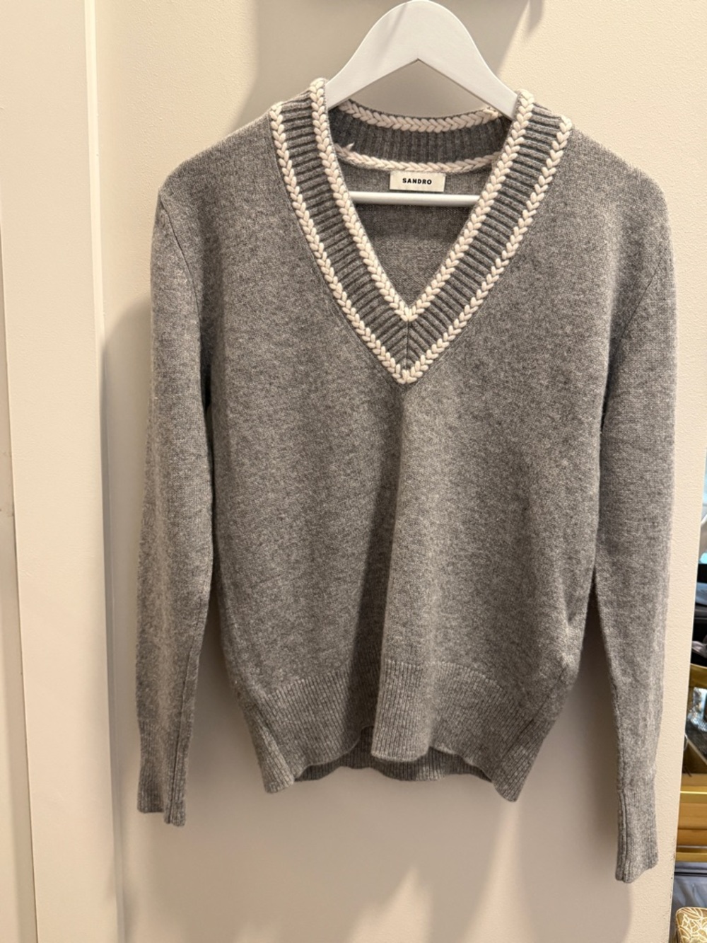 Sandro Gray Sweater with Cream Braided Trim Accent